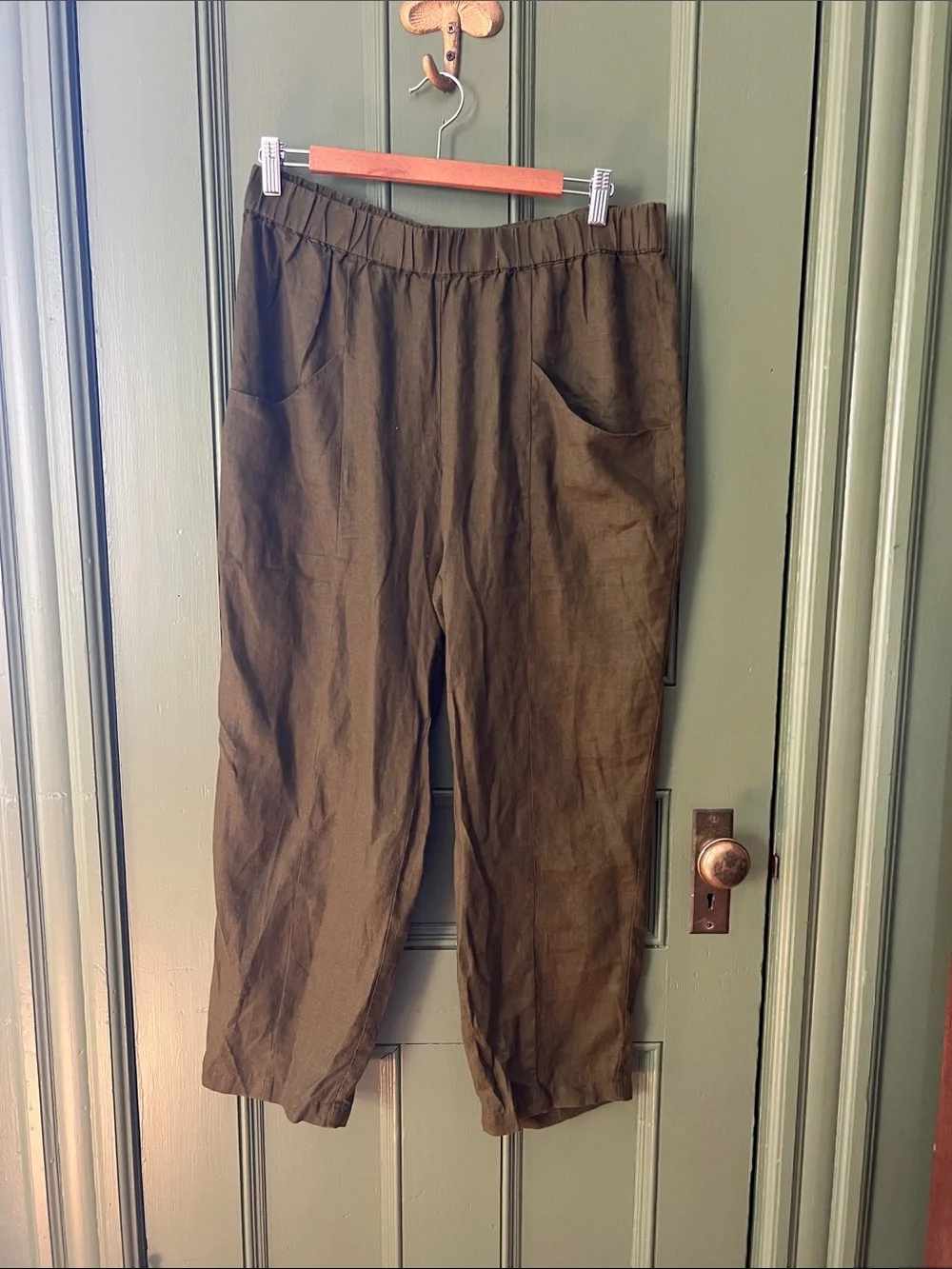 Olive Green Women’s Elastic-Waist Pants Linen Pants